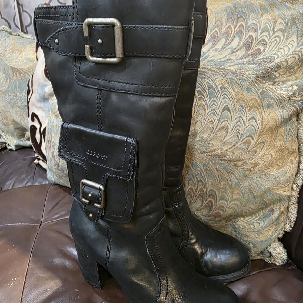 Report Black Leather Mid-Calf Heeled Riding Boots with Buckle Pocket - Picture 4 of 8